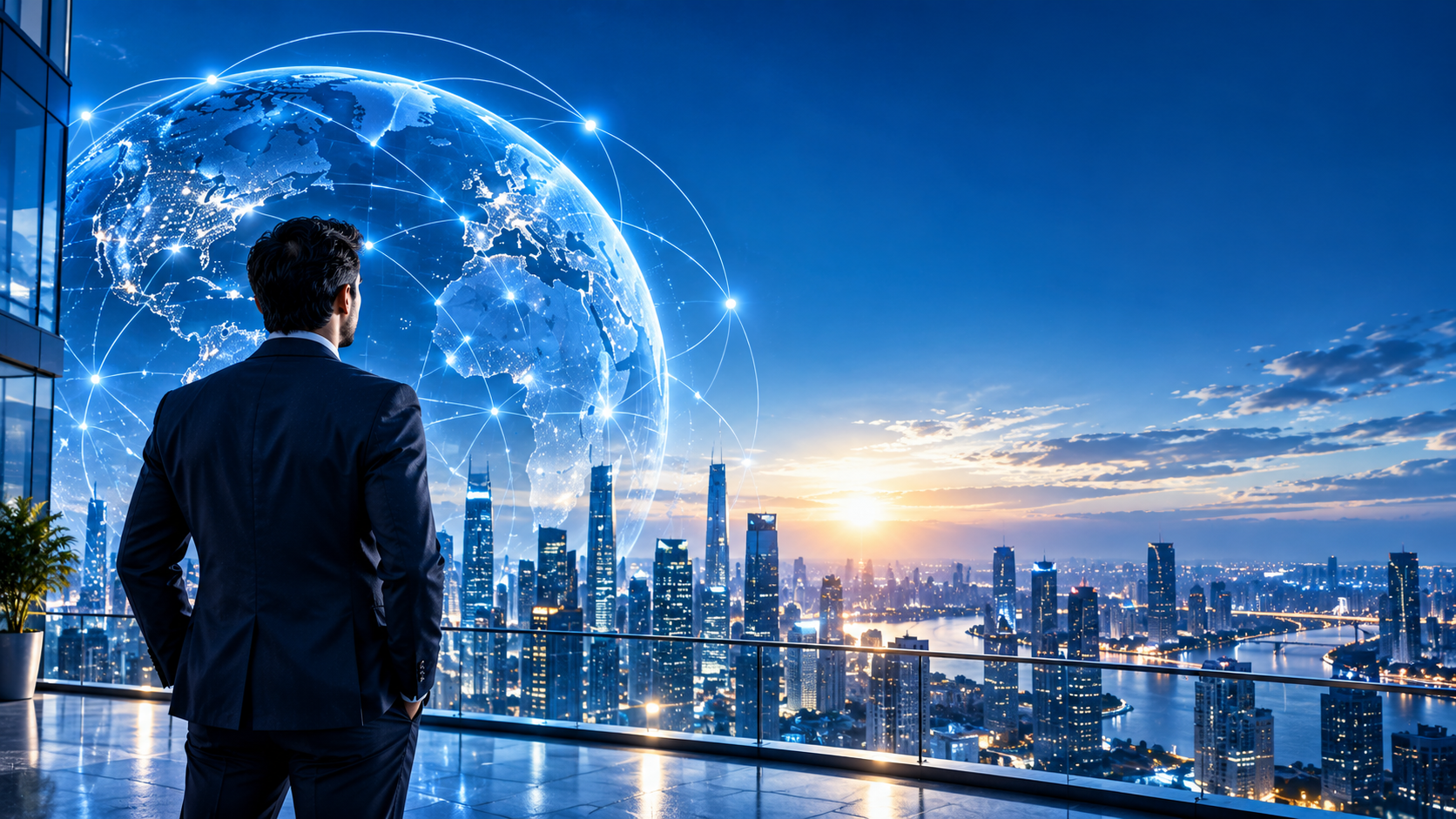 Technology professional in front of a connected global city